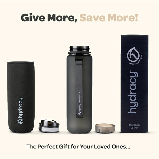 Water Bottle with Time Marker -Large BPA Free Water Bottle & No Sweat Sleeve -Leak Proof Gym Bottle with Fruit Infuser Strainer & Times to Drink -Ideal for Fitness Sports & Outdoors